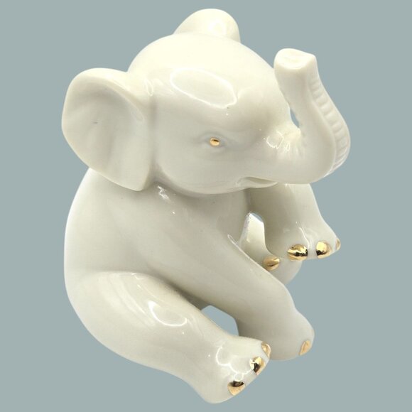 Lenox Porcelain Sitting Baby Elephant Figurine Cream With Gold Accents Trunk Up - Picture 1 of 9